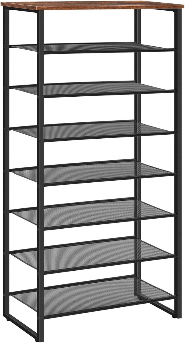 Schoenenrek met 8 niveaus, hoge schoenenopberger voor 21-28 paar schoenen, verwijderbare metalen planken, smal schoenenstand voor hal en woonkamer, robuust en industrieel ontwerp