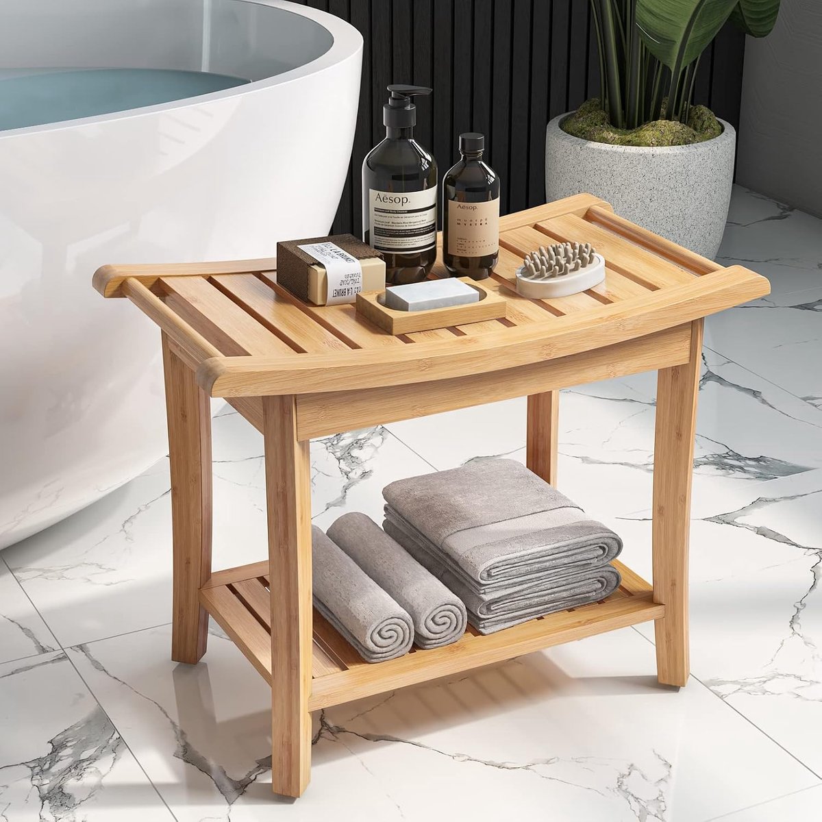 Zitkruk van bamboe, zitbank, badkamer, douchekruk, waterdicht, antislip, 2 etages, voor thuis, badkamer, tuin, balkon, 60 x 33 x 46 cm, badkamermeubels, naturel, met zeepbakje
