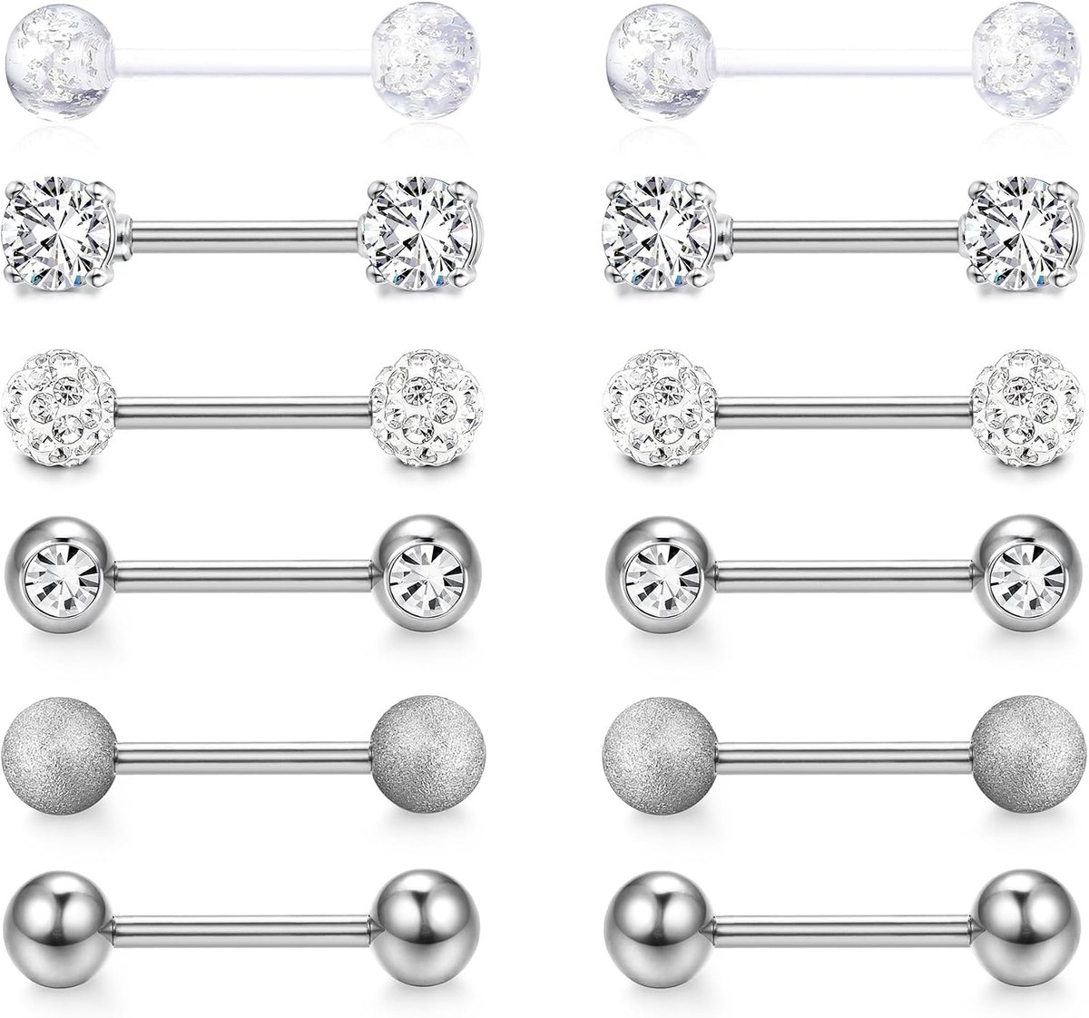 12 stuks, 14 g, tepelpiercing, tongpiercing voor dames, tongpiercing, chirurgisch staal, piercing, barbell, tongpiercing, , barbell, piercingsieraden