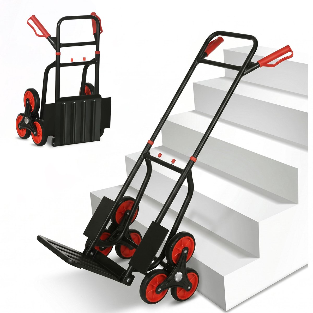 Steekwagen voor trappen, 6 wielen, inklapbaar, uittrekbaar, 120 kg, opvouwbaar, staal, 44 x 67 x 106,5 cm, zwart, rood