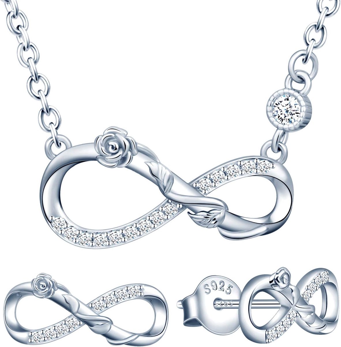 Sieradenset voor dames, halsketting met roos oneindigheidssymbool en oorstekers van 925 sterling zilver, Sterling zilver, Zirkonia