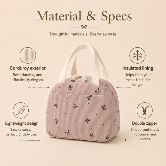 Rainbecom - Koeltas - Koeltassen 6.5 L - Lunchtas Dames en Kinderen - Geïsoleerde Lunch Bag met Voorvak - Corduroy - Paars met Strikjes van Rainbecom — afbeelding 4