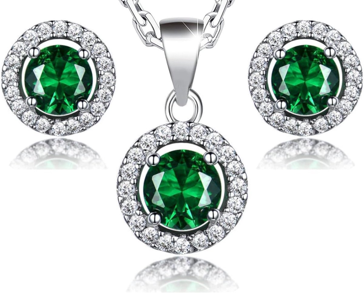 Azuria Vrouwen 18kt Wit Verguld Ronde Groen Gesimuleerd Emerald Zirkonia Kristallen Set Hanger Ketting 45 cm Oorknopjes