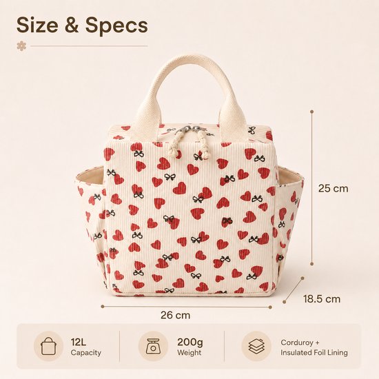 Rainbecom - Koeltassen - Lunchtas Koeltas 12L - Geïsoleerde Lunchbag van Corduroy met 2 Zijvakken - Voor Werk, Picknick, Reizen en Dagelijks Gebruik - 26 x 18,5 x 25 cm - Beige met Rode Hartjes van Rainbecom — afbeelding 2