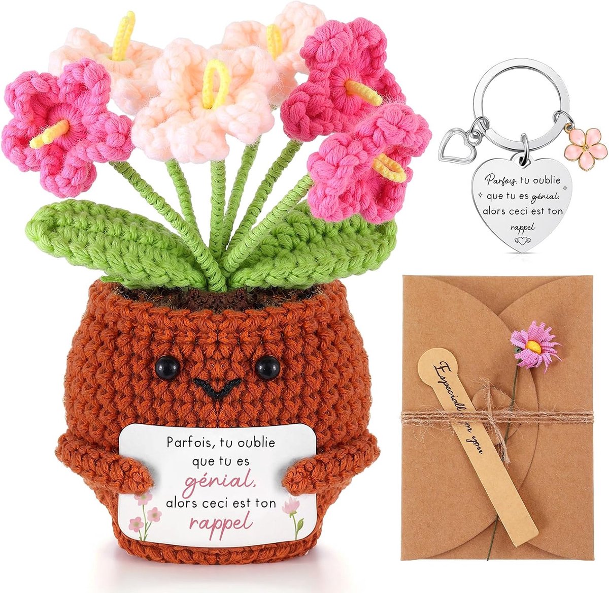 3-Delige Cadeaus Voor Collega's Positieve Kleine Handgemaakte Gehaakte Bloemenpop Sleutelhanger Madeliefjeswenskaart Voor Pensioenkantoor Voor Vrouwelijke Werknemer(Parfois)