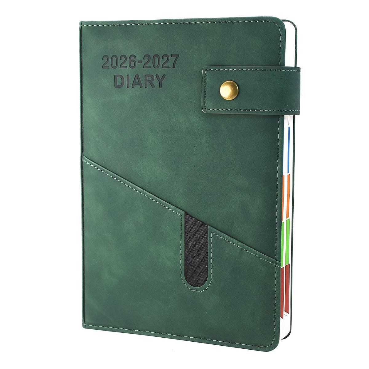 Omgoods- Academische Agenda A5 - Dagelijkse Productiviteitsplanner - Maandelijkse Tabbladen - 21,6 x 15 cm - Groene Zijpanelen - Doelen en Prioriteiten - Planner