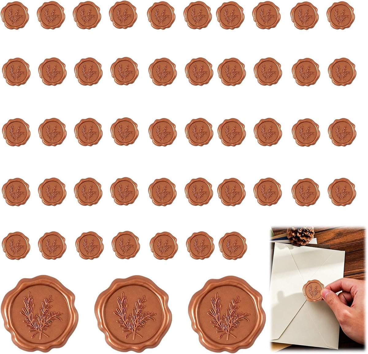 50 stuks gouden waszegels, zelfklevend, rozemarijnpatroon, vintage zegelstickers, bruiloftsuitnodigingen en enveloppen, elegante decoratie voor verjaardagen, feesten, bedankkaarten en