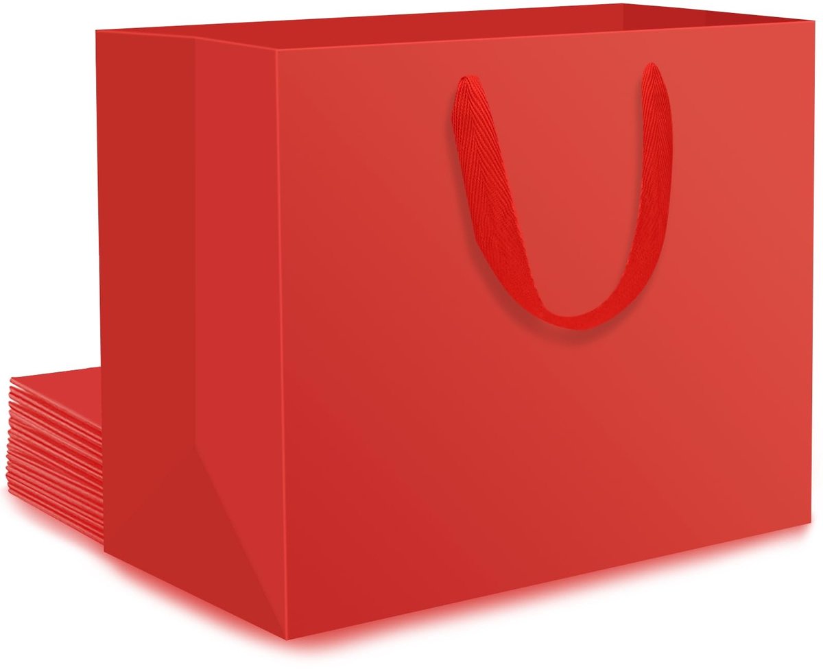 Omgoods Rode Cadeauzakken - 10 Stuks Papieren Zakjes met Handvatten - Medium 27x8x21cm