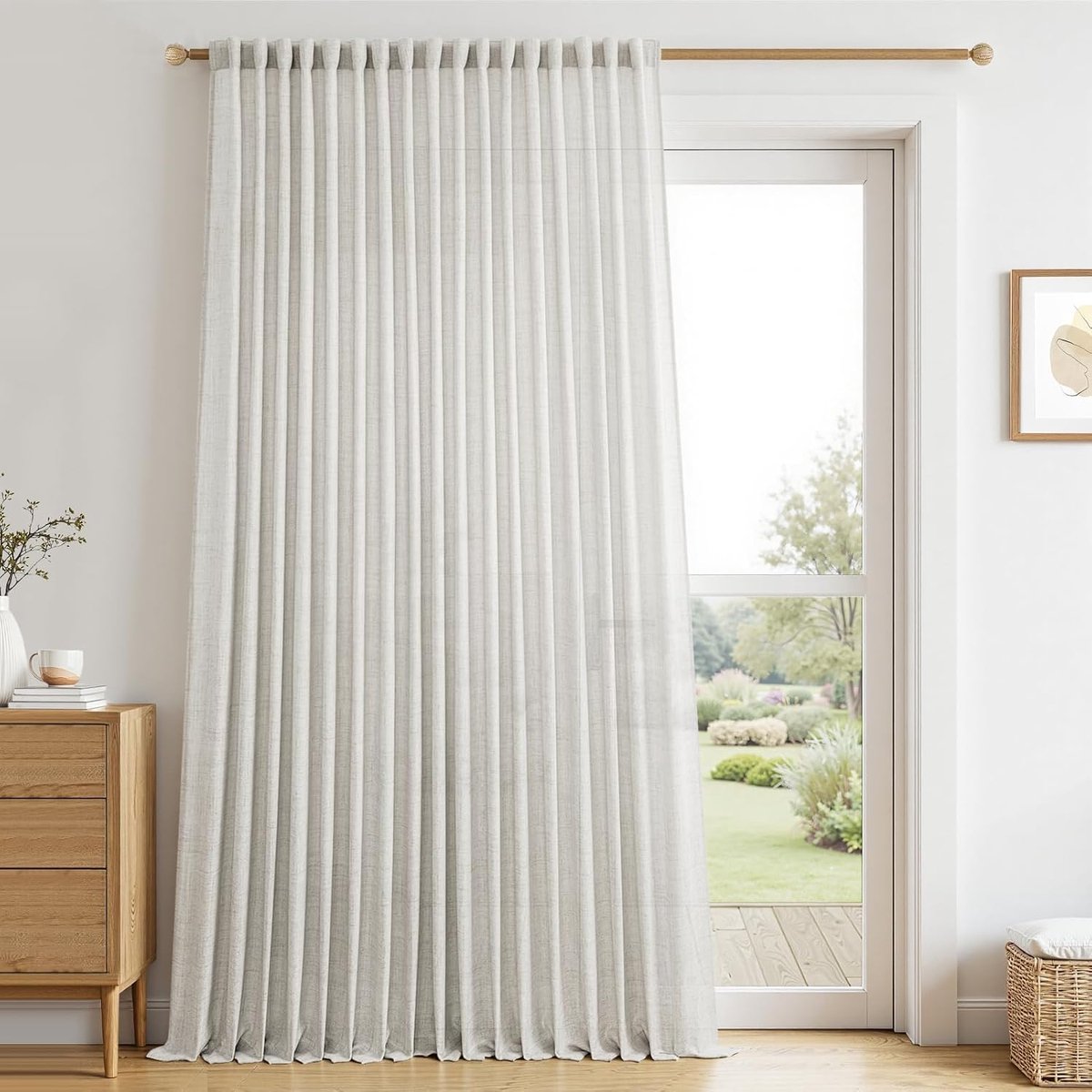 1 stuk linnen gordijn woonkamer gordijnen landhuisstijl en extra breedte gordijnen linnenlook half-transparant voor grote ramen H 240 x B 300 cm, gordijn voor stangendoortrek ivoorwit