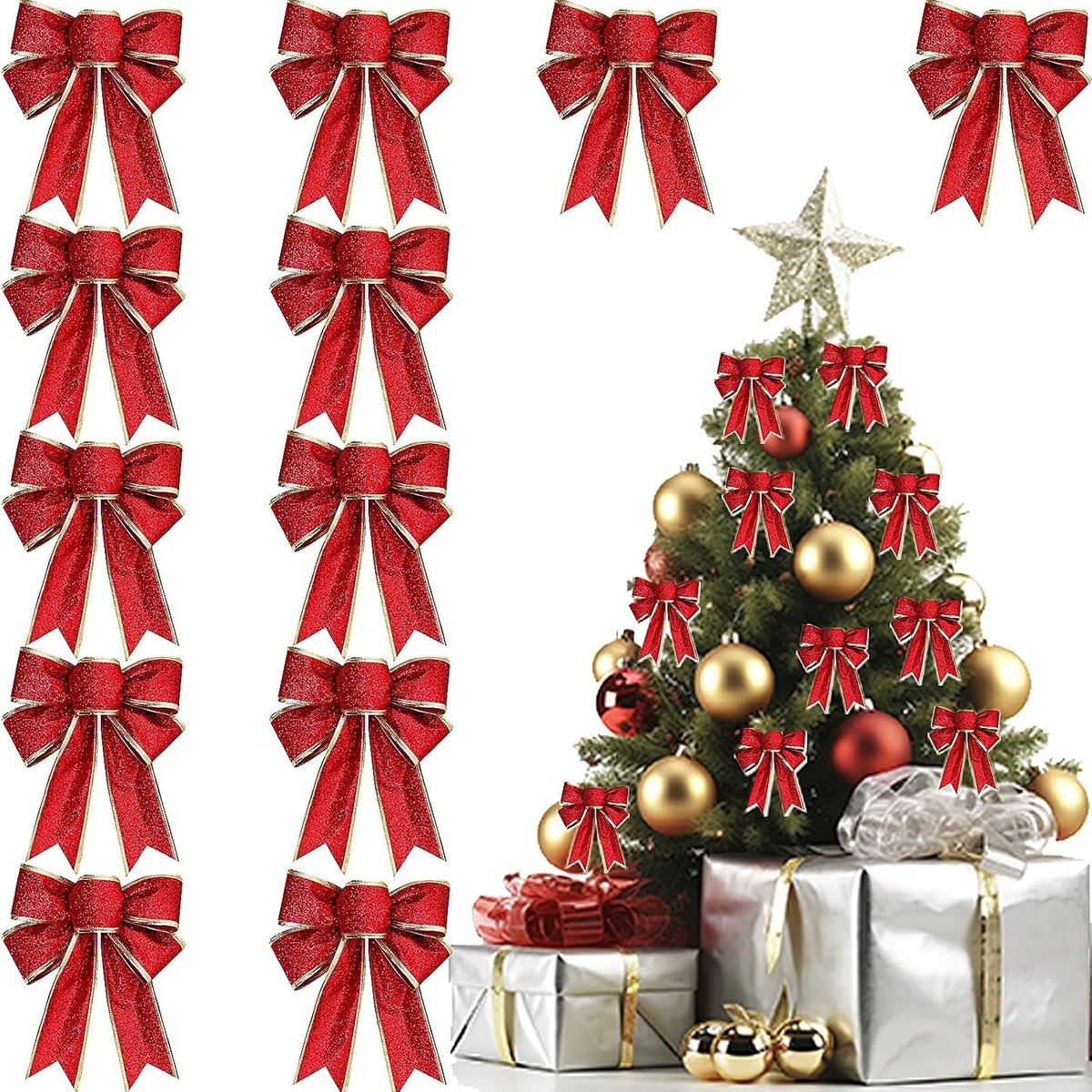 Strikken, rood, 12 stuks glitterstrikken, kerstboomversiering, kerstboomstrikken, decoratie voor kerstkrans, kerstfeesten, cadeaudecoratie