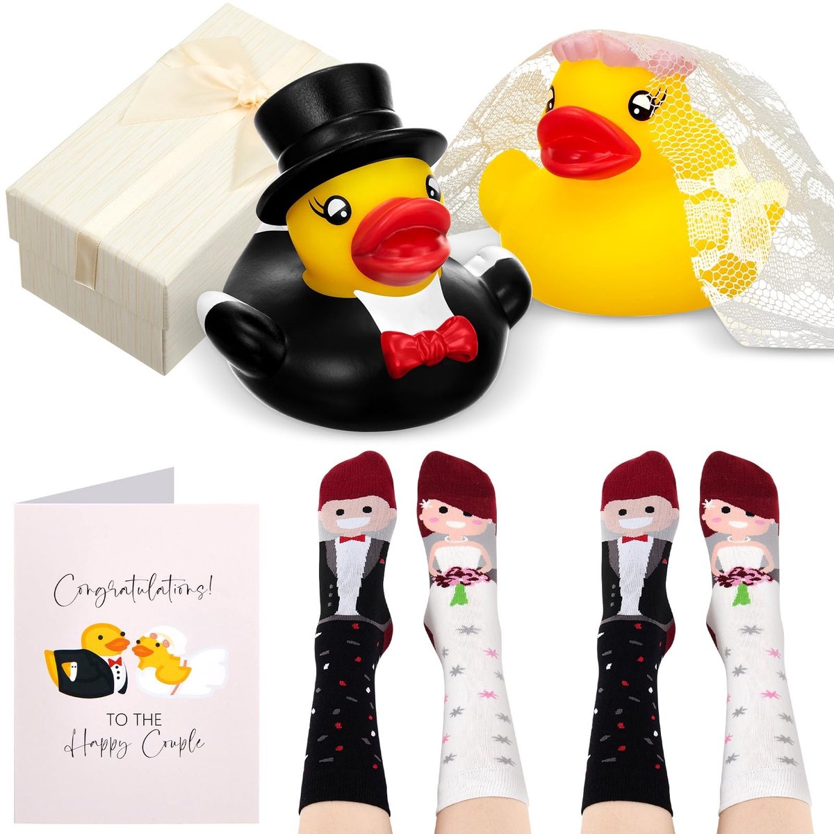 Omgoods - Mr & Mrs Badeenten Trouwen Cadeauset - Inclusief Sokken en Wenskaarten
