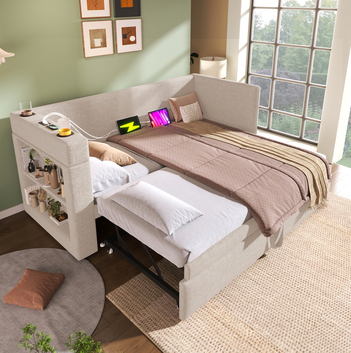 MIVRAY Slaapbank 90x190 cm Zonder Matras - Bedbank Met Uittrekbed En Oplaadstation - Met Opbergruimte - Voor Slaapkamer En Logeerkamer - Stof - Beige