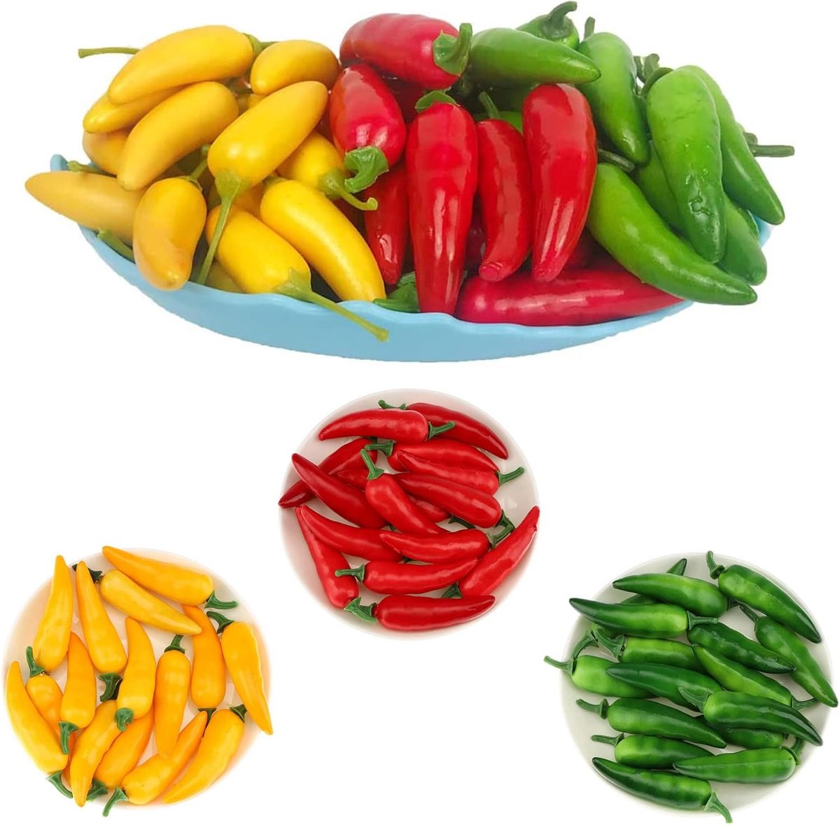 60 stuks levensechte mini-peper, chili, fruit, kunstfruit, kunstmatige chili, groenten, decoratie voor thuis, keuken, tuin, binnendecoratie, realistische nep (drie kleuren)