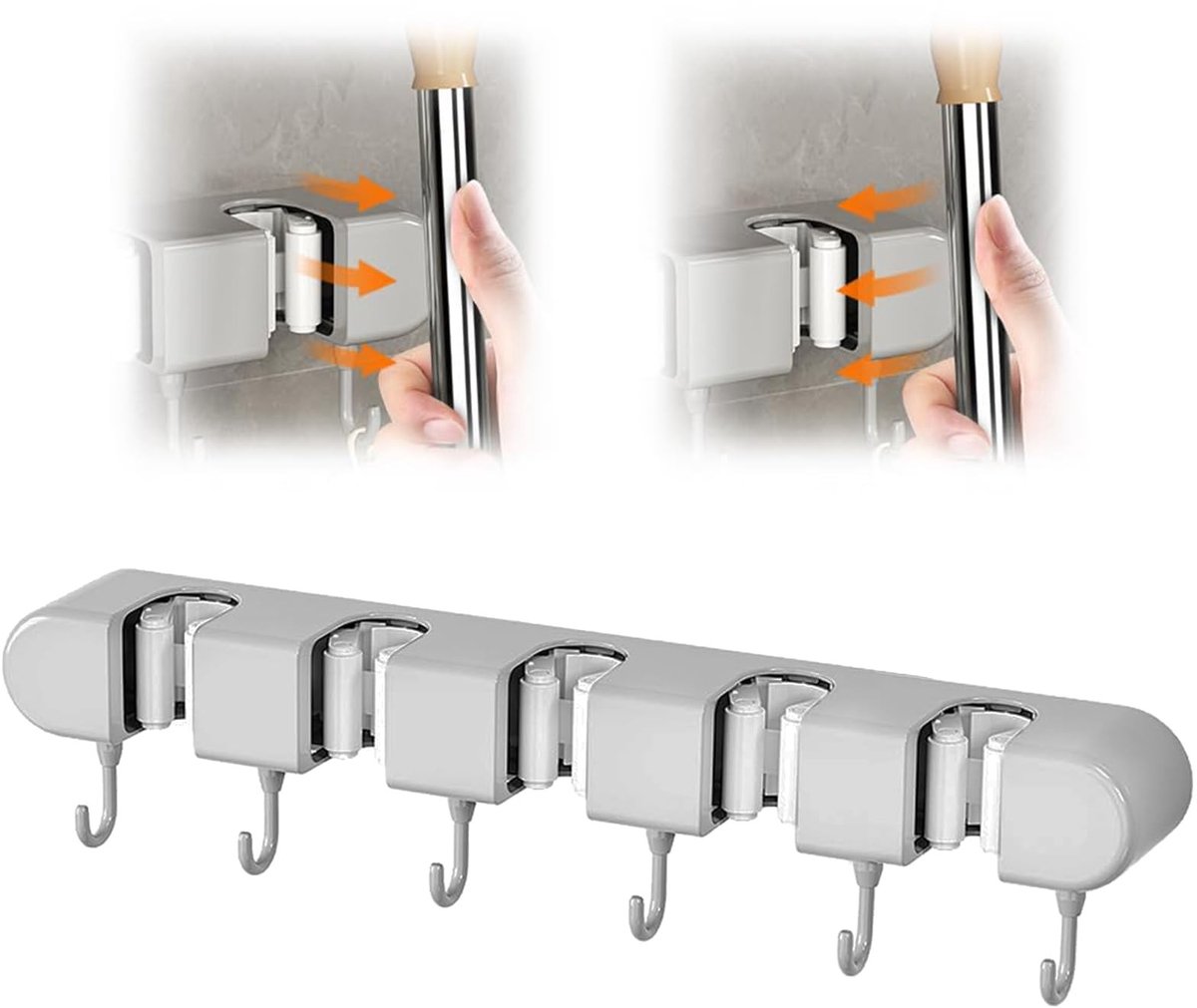 Omgoods - Broom Holder Wandbevestiging met 5 Houden en 6 Haken - Zelfklevende Tool Haken voor Thuis