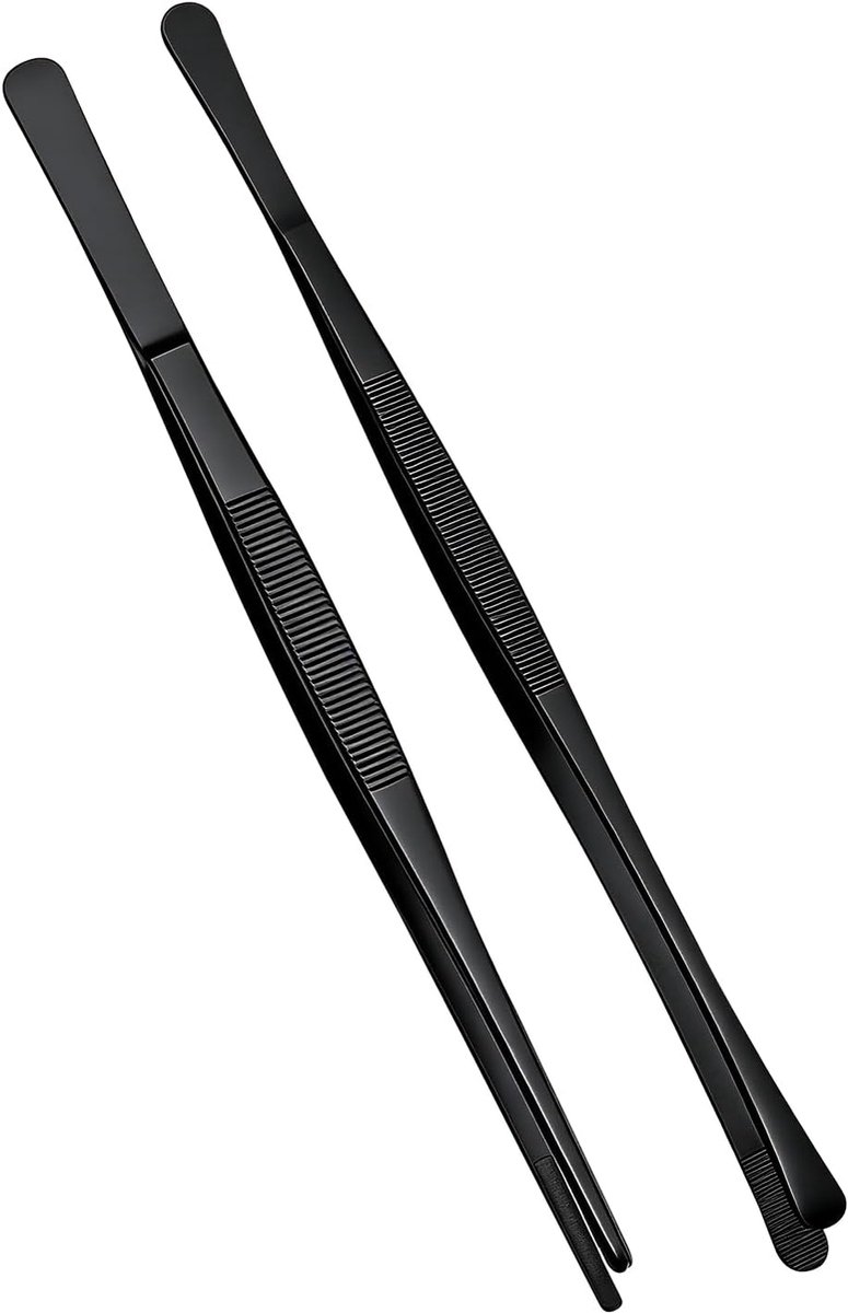 Set van 2 Keukenpincetten RVS | 25cm Voedselpincet | Antislip Kookpincet met Gekartelde Tips | Professionele Pincet voor Koken, Grillen en Opdienen (Zwart)