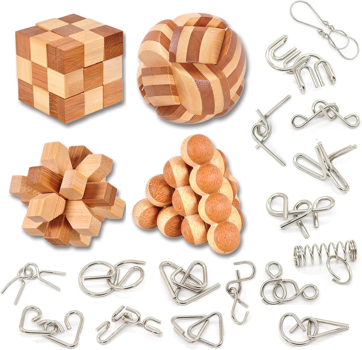 20 Stuks Houten en Metaal Brain Teaser Puzzels Set Logica Puzzels Logica Giochi - Elkaar Grijpende Jigsaw Cube Game voor Kinderen en Volwassenen IQ spellen Speelgoed Cadeau en Decoratie