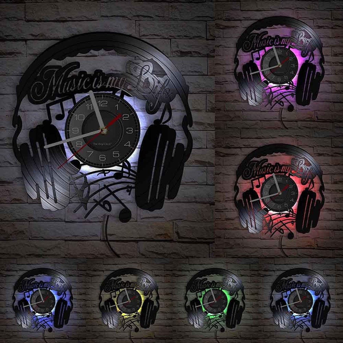 Omgoods - Vinyl Wandklok Retro Hoofdtelefoon Thema - LED Nachtlamp en Cadeau