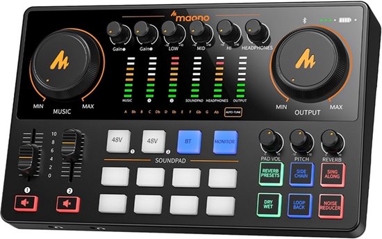 Zwarte Maono mixer met grote draaiknoppen, schuifregelaars, LED-meters en 16 druktoetsen.