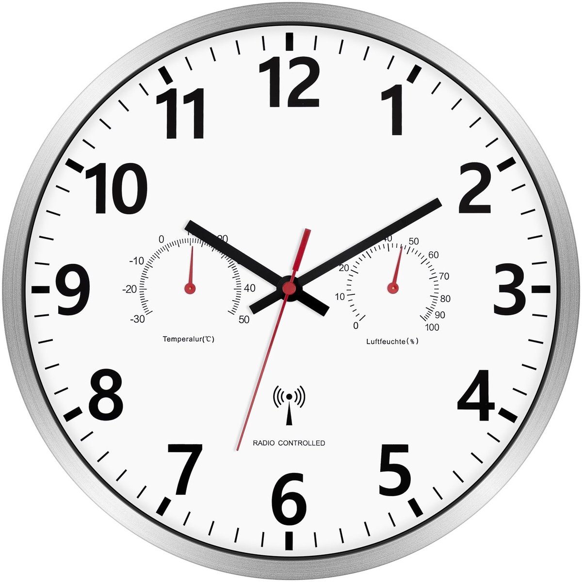 Omgoods- Wandklok 30 cm Draadloos - Thermometer/Hygrometer - Geruisloos - Kwartsuurwerk - Automatische Tijdinstelling - Ideaal voor Woonkamer/Kantoor - Muurklok