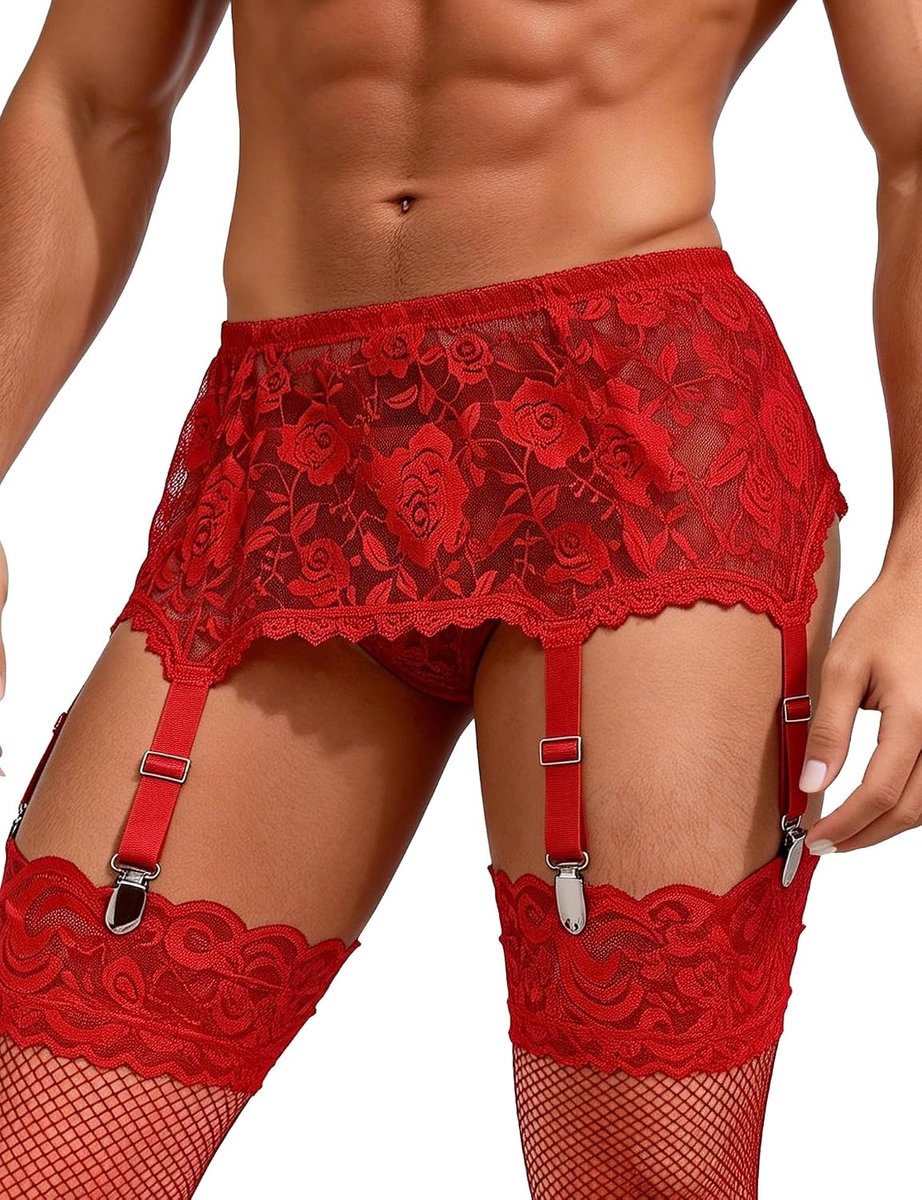 comeondear Jarretelgordel voor heren, kant, Sissy jarretelhouder, breed met 6 jarretels, grote maten, sexy ondergoed voor mannen, gay, lingerie, lingerie, kousenriem