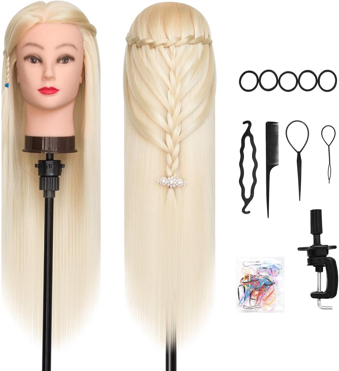 Oefenhoofd,DanseeMeibr Zacht 26-28Inch Kappershoofd Professioneel 100% Synthetische Haar Blond Traininghoofd Kapperspop Oefenpop met Steun+ Styling Accessoires