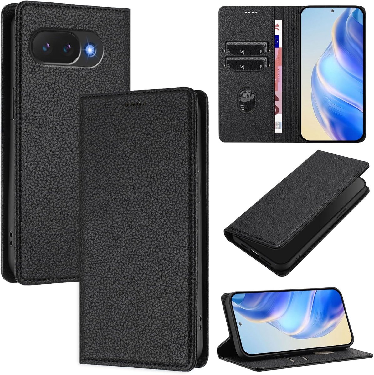 Beschermhoes voor Google Pixel 10a, klaphoes, leer, met kaartvakken, magneetsluiting, flip case, zwart