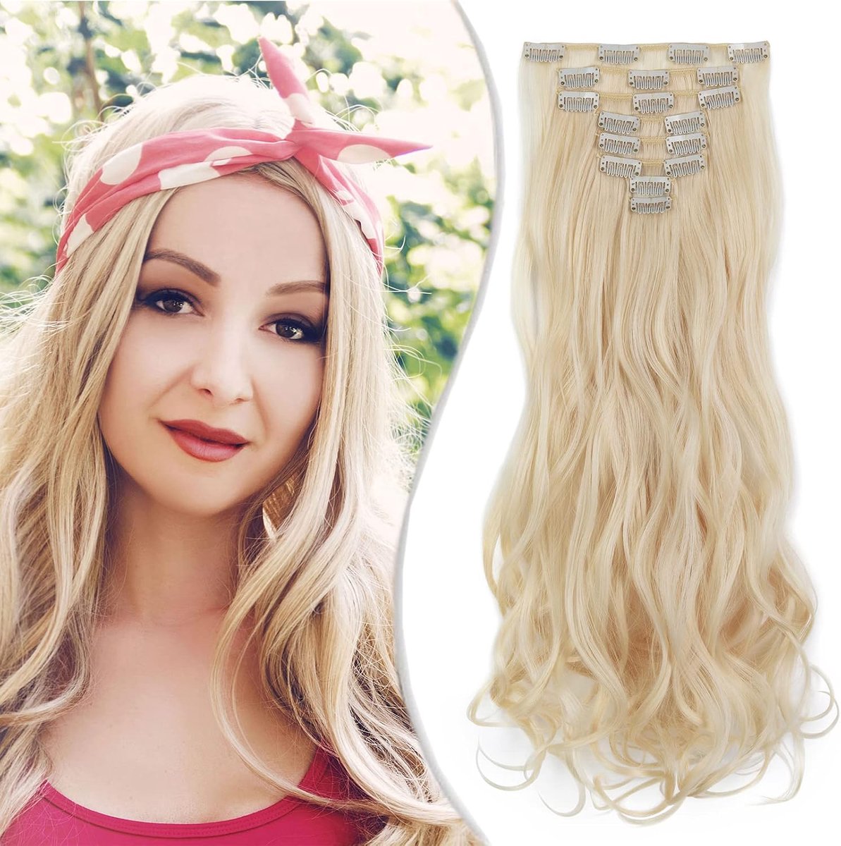 Clip-in extensies, 8-delige set, 18 clips, haarverlenging, 60 cm, haarstukje, synthetisch, golvend, natuurlijk gebleekt blond