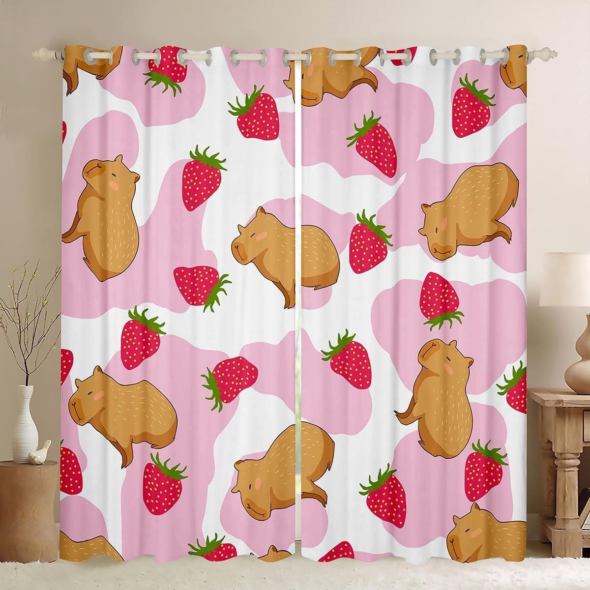Kindercapibara Gordijnen - Verduisteringsgordijnen met Aardbeienprint