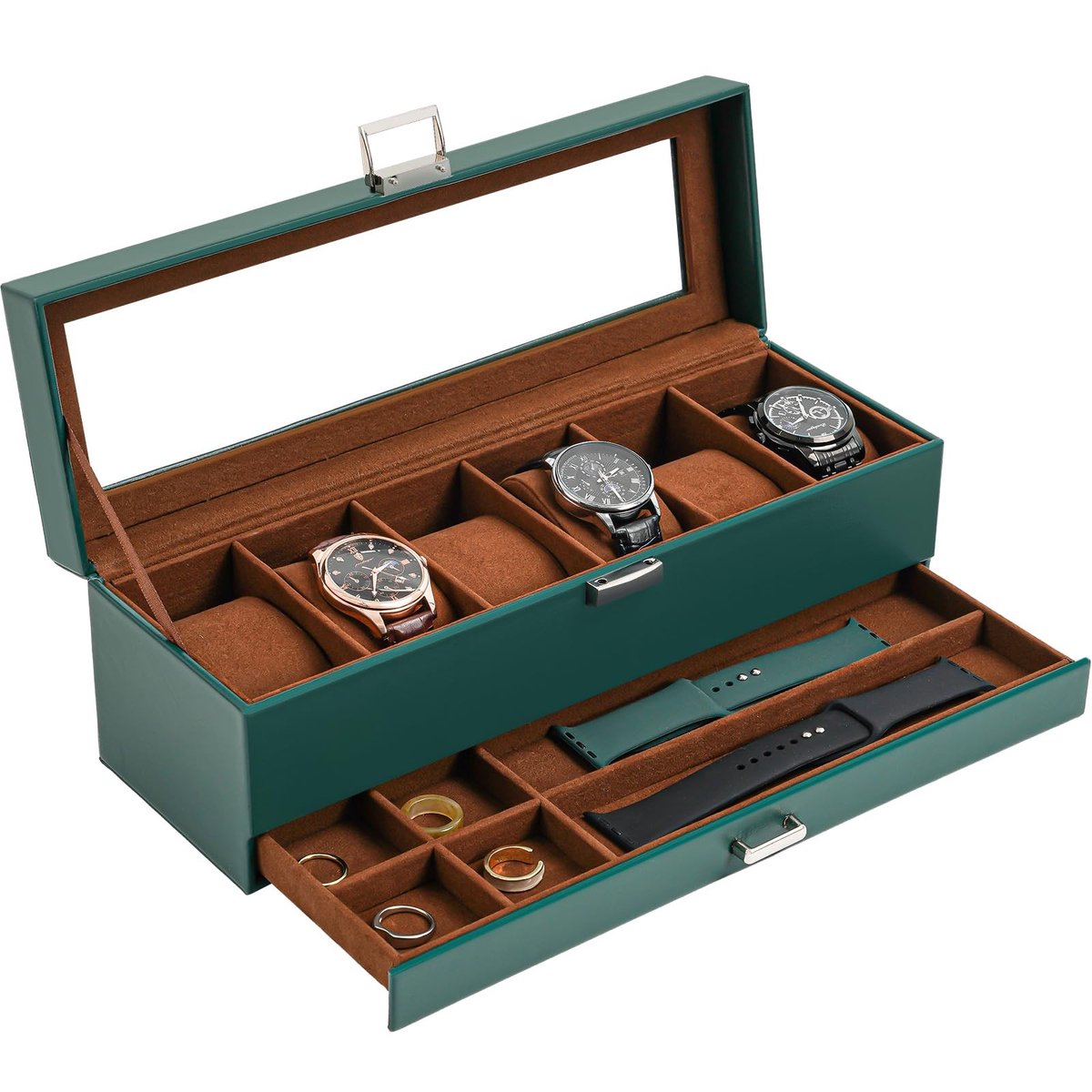Omgoods - Horloge Doos voor Mannen - 6 Slots met Lade en Glazen Deksel