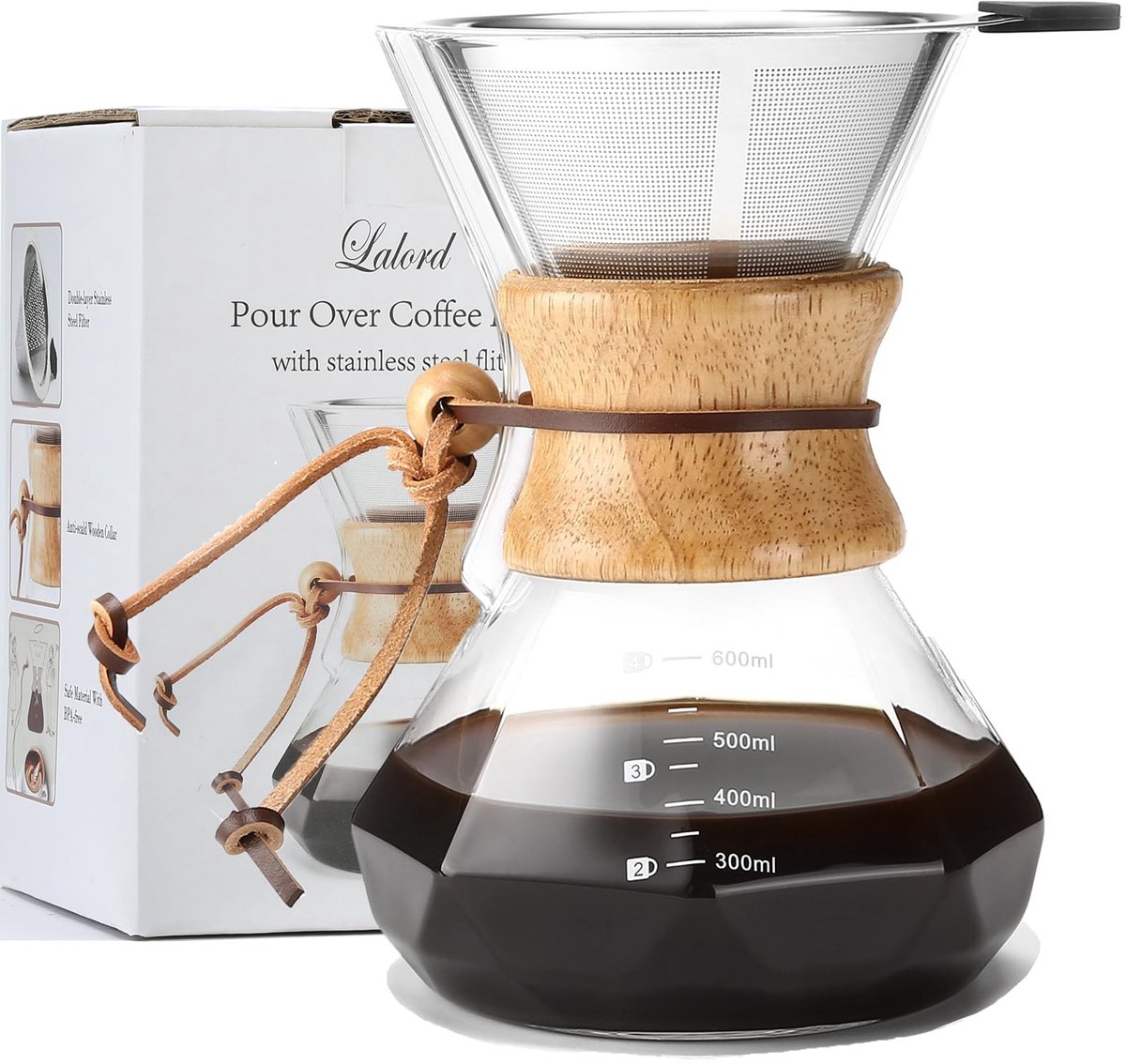 Omgoods - Lalord Pour Over Koffiemaker met Filter - 600ml Borosilicaat Glas