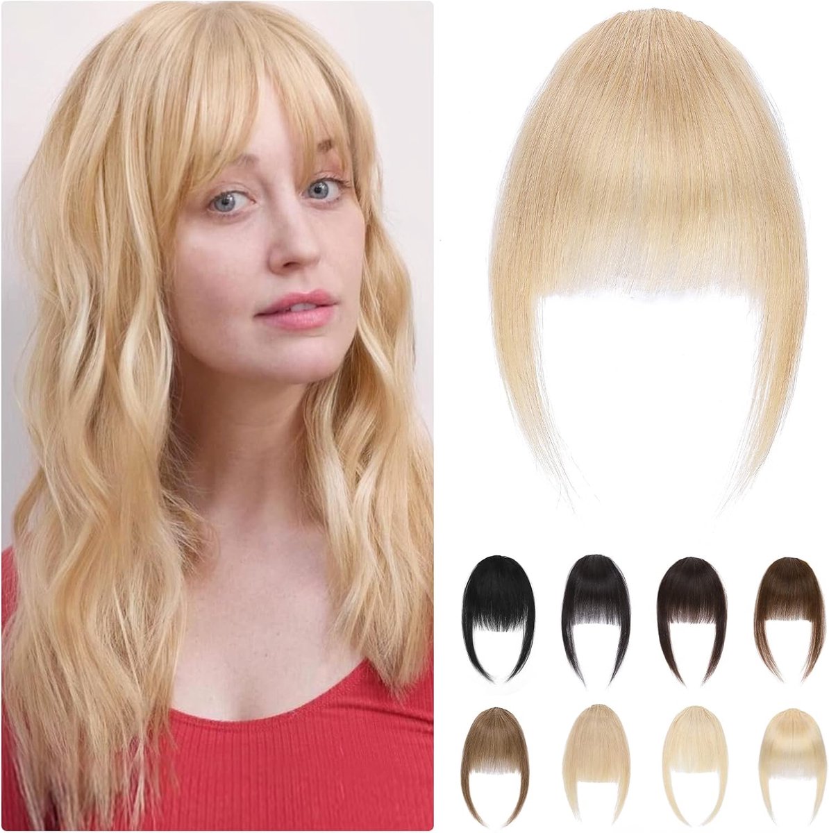 Clip-in Pony van Echt Haar 9g, Nette Rechte Pony met Zijkanten, Natuurlijk Blond Clip in Bangs Neat Bangs Human Hair (#24)