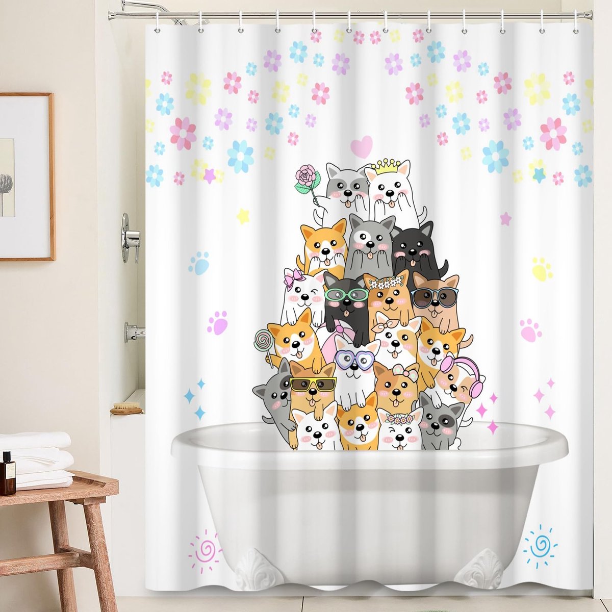 Omgoods - Grappig Honden Douchegordijn 180x180cm met Kleurrijke Print