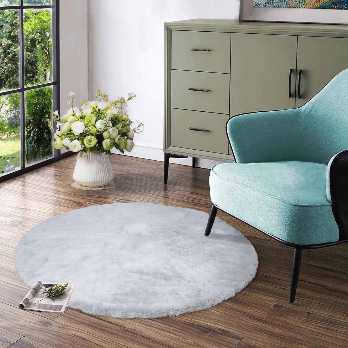 Ronde Pluizige Vloerkleed - Kunstbont Tapijt - Woonkamer Decoratie - Super Zachte Pile - 90 cm Diameter - Grijs