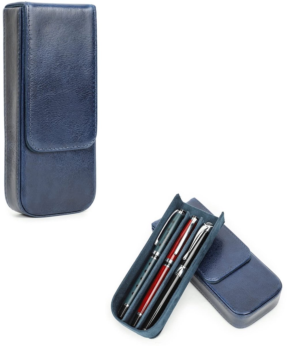 Omgoods - Leren Pennenetui met Magnetische Sluiting voor 3 Pennen, Blauw