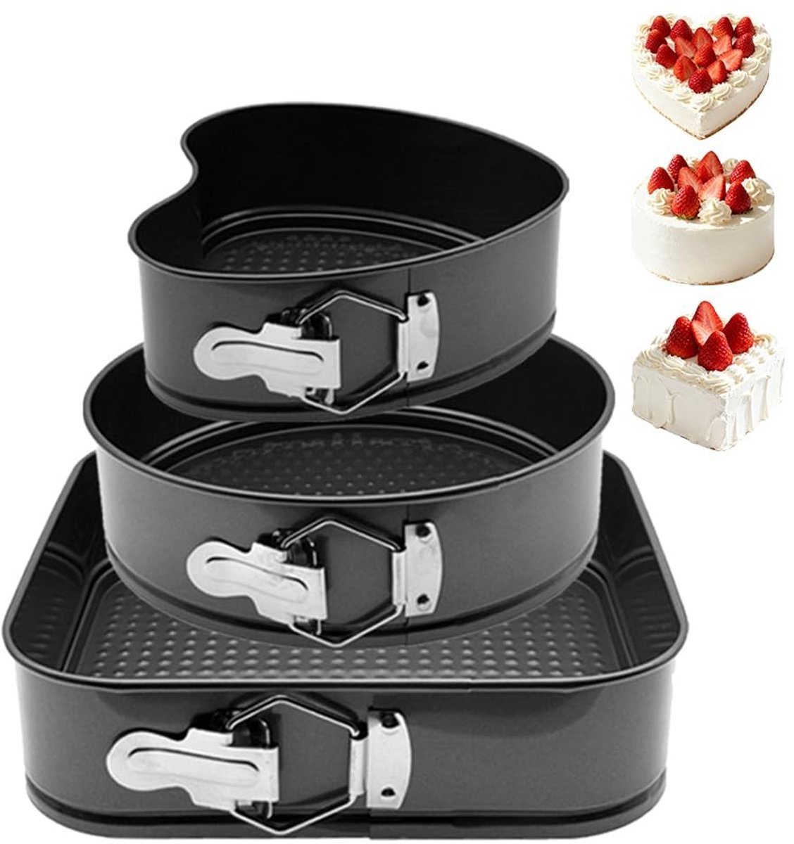 Omgoods - Springvorm Hart 22/Rond 24/Vierkant 26 cm - 3-delige Antiaanbak Bakvorm Set