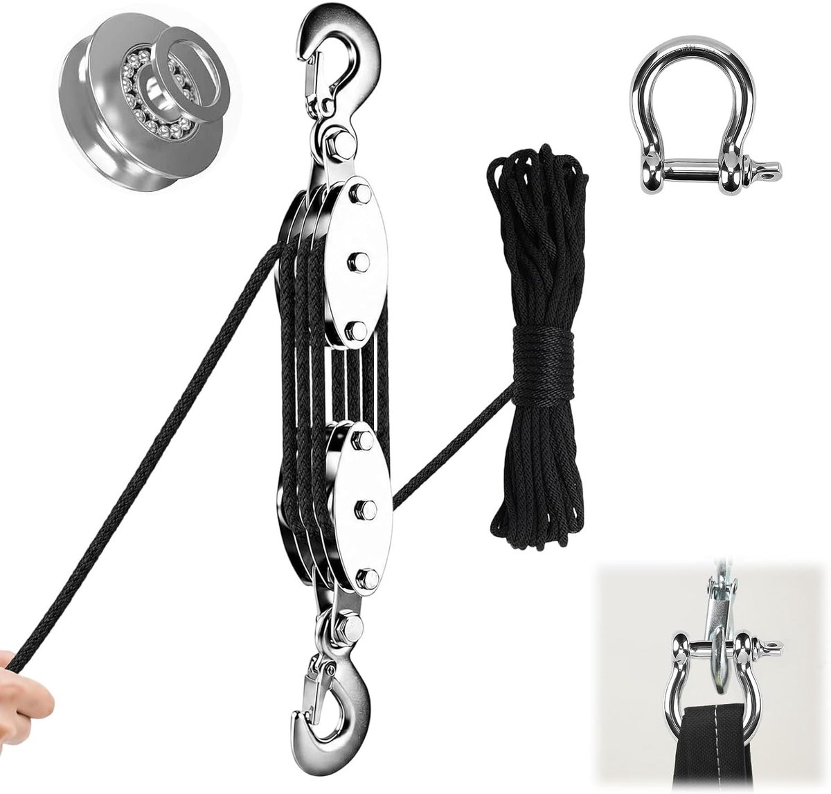 Heavy-duty katrol 1000 kg draagkracht kabel 8:1 arbeidsbesparend - handkabel met 20 m nylon touw en 1 x beugel - voor garages, magazijnen, heffen van zware voorwerpen