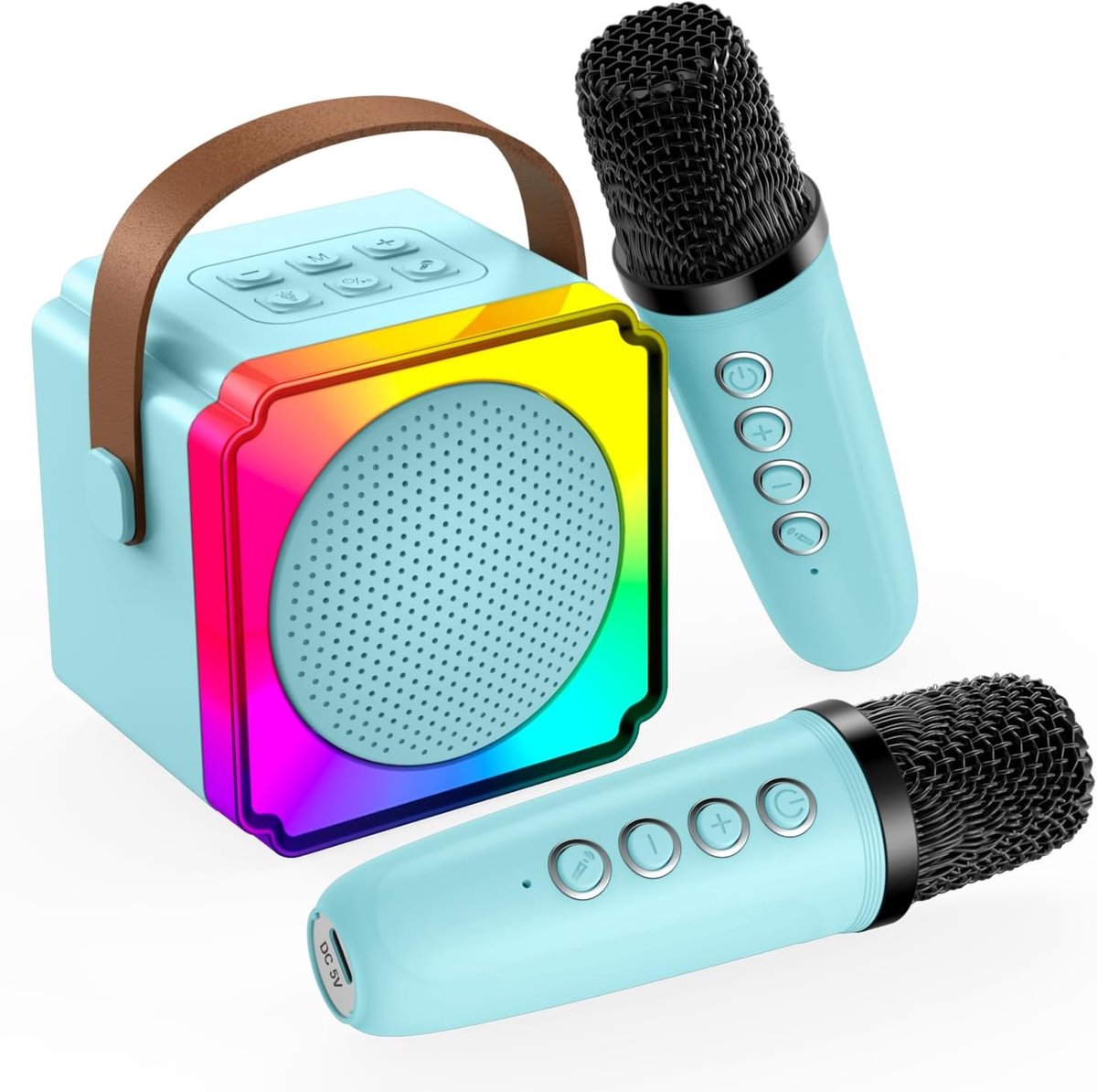 Karaokemachine voor Kinderen van MMOBIEL – Mini Draagbare Bluetooth Luidspreker, 2 Draadloze Microfoon, LED-verlichting, Geluidseffecten – Feest, Cadeau voor Meisjes, Jongens, Kinderen 3+ jaar- Blauw