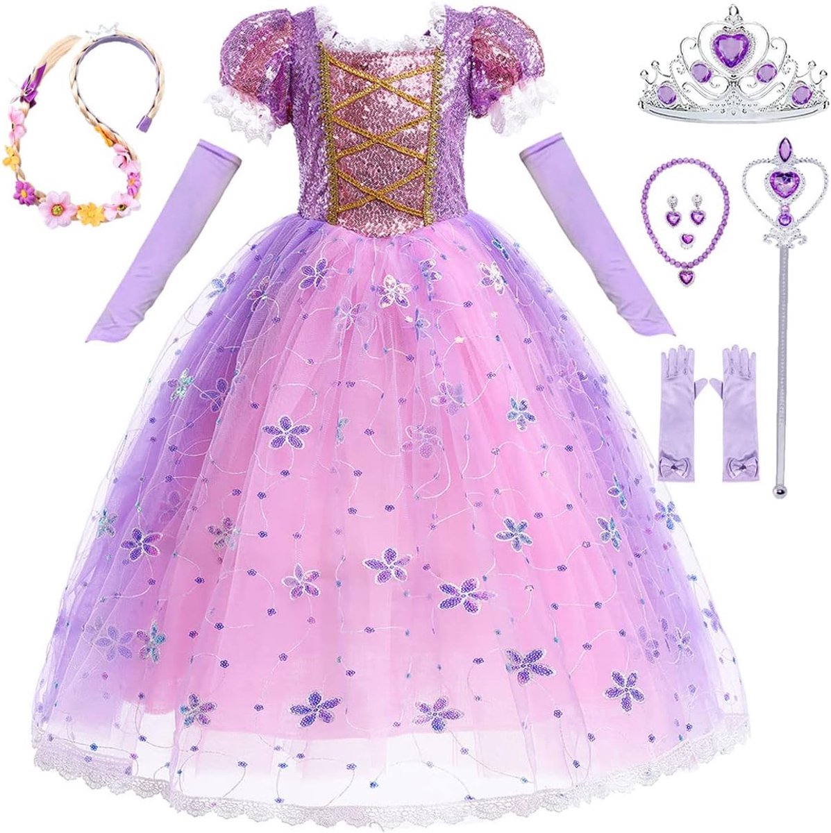 Prinsessen Kostuum Kinderen Rapunzel jurk Vermomming met Aaccessoires Korte mouw Verjaardagsfeestje Halloween Carnaval