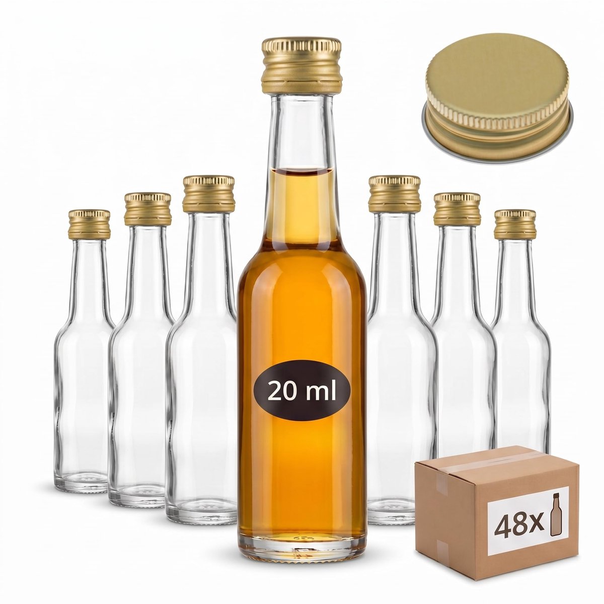 Omgoods - Gouvedo Set van 48 Mini Glazen Flessen 20ml met Gouden Deksels