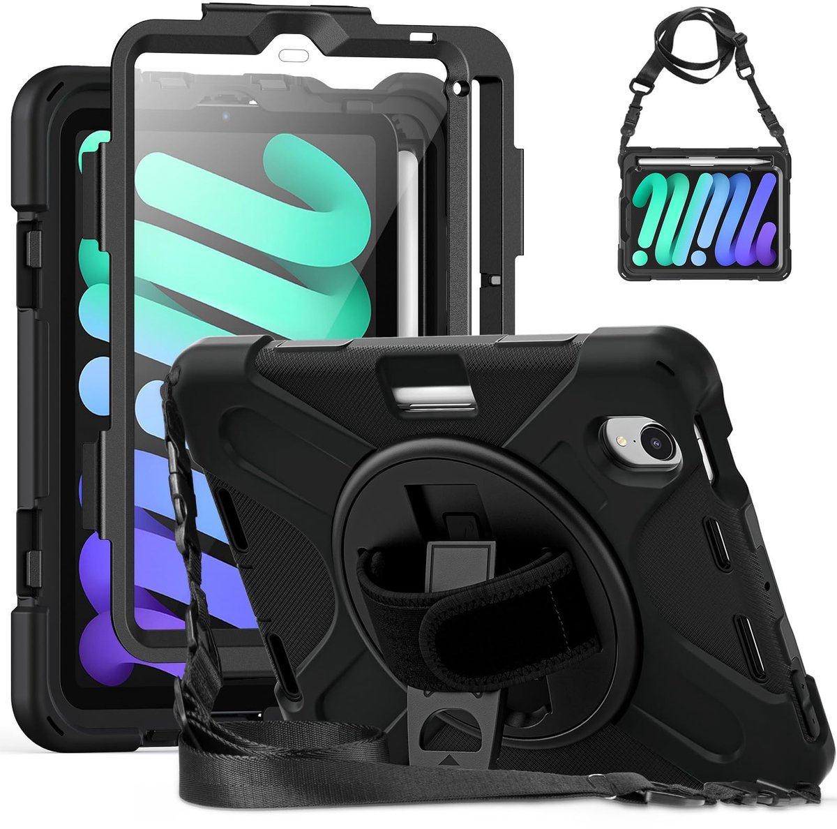 Omgoods - Shockproof Rugged Protective Case voor iPad Mini 7/6 - Met Rotating Stand en Schermbeschermer
