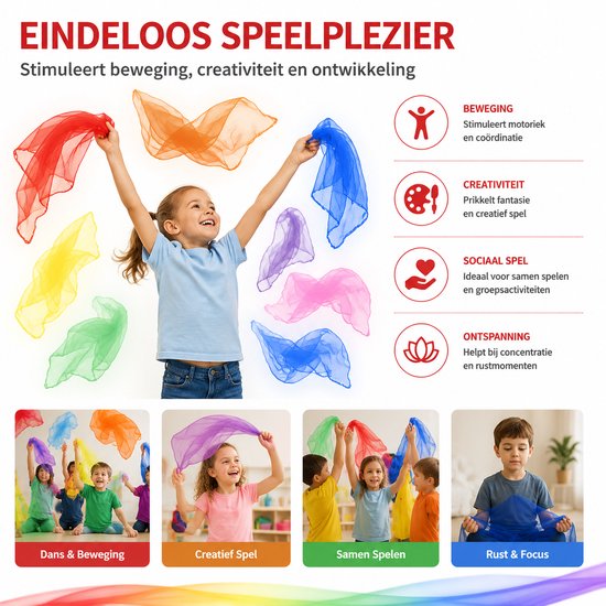 Een meisje met armen omhoog houdt een rode en oranje sjaal vast, omringd door gekleurde sjaals. Kinderen spelen en dansen met sjaals. Stimuleert beweging, creativiteit, sociaal spel.