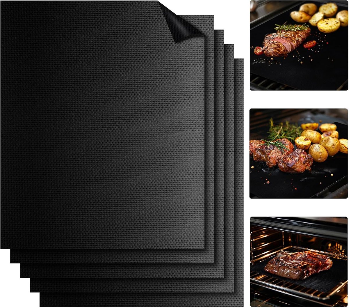 5-stuks Barbecue Mat - BBQ Grill mat - Anti aanbak oven mat - Herbruikbare en gemakkelijk te reinigen barbecuemat - 50× 40 × 0.02cm - Geschikt voor gas, houtskool- en elektrische ovens; grillen, koken -Zwart