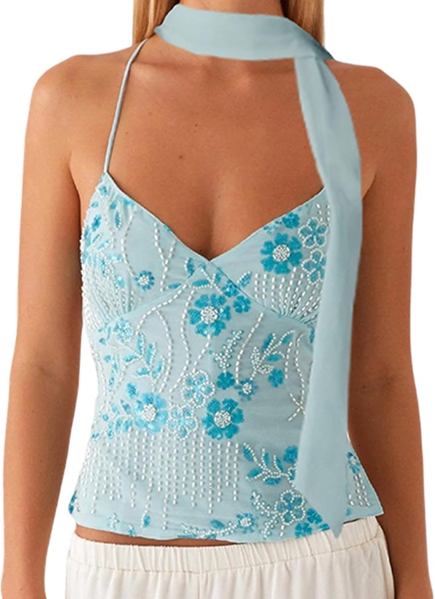 haltertopje met pailletten en parels, kort camitopje in Y2K-stijl voor uitgaan, sexy mouwloze feesttopje, glanzende clubkleding