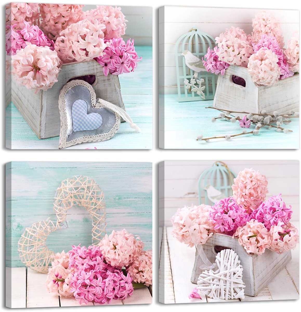 Omgoods - 4 Stuks Moderne Hartmotief Canvasprints - Roze Bloemen Wanddecoratie