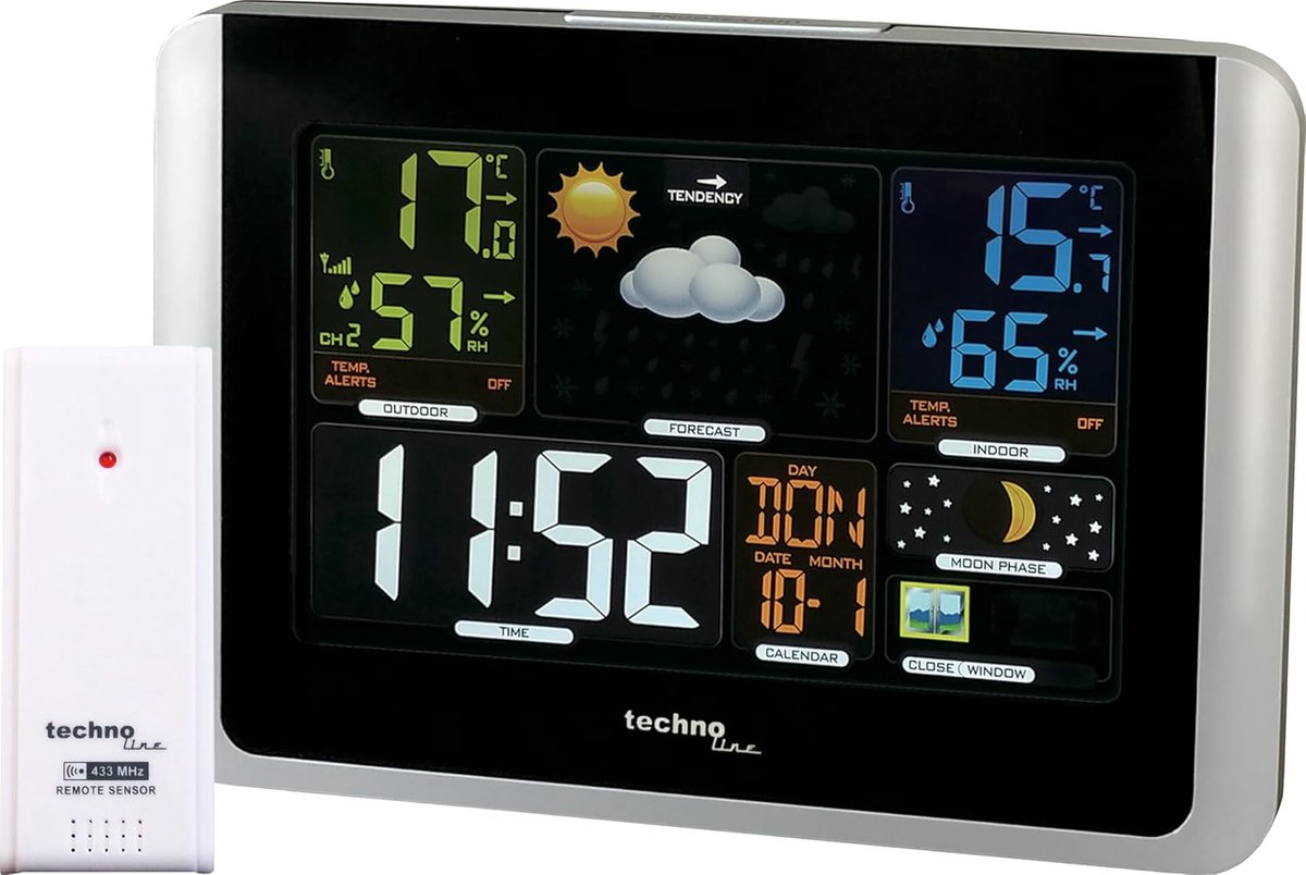 SnelShoppen - Weerstation met Buiten- en Binnenzender, Temperatuur- en Vochtigheidsmetingen, Weersvoorspelling, Temperatuur Alarm, Kleurendisplay