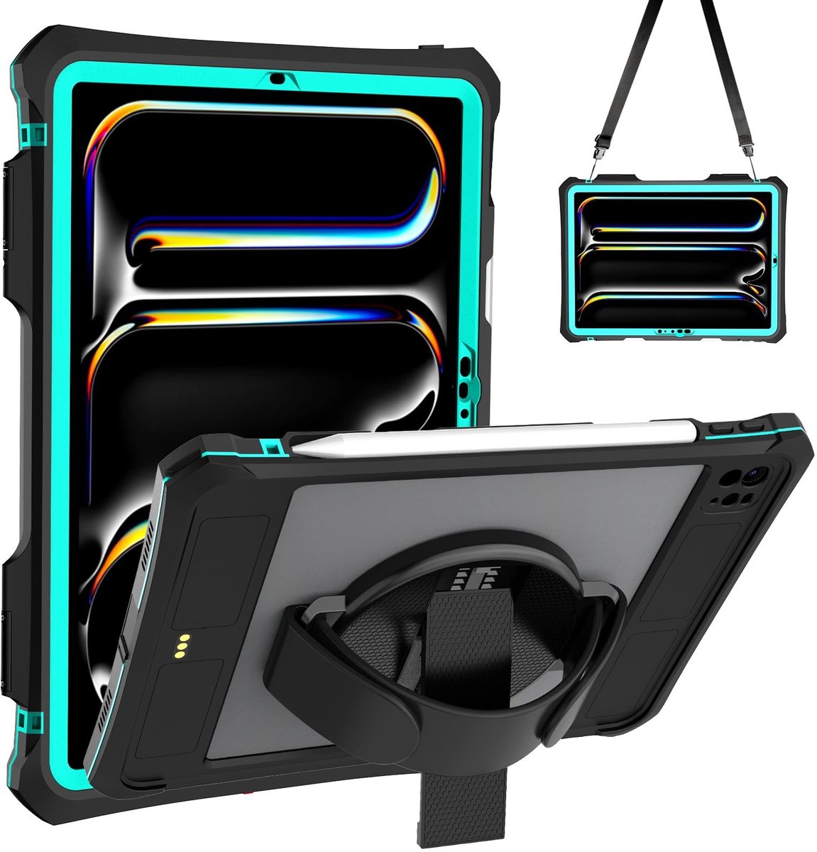 Omgoods - Robuuste iPad Air 11 Case 2024 met Rotating Stand en Schouderband - Teal Blauw