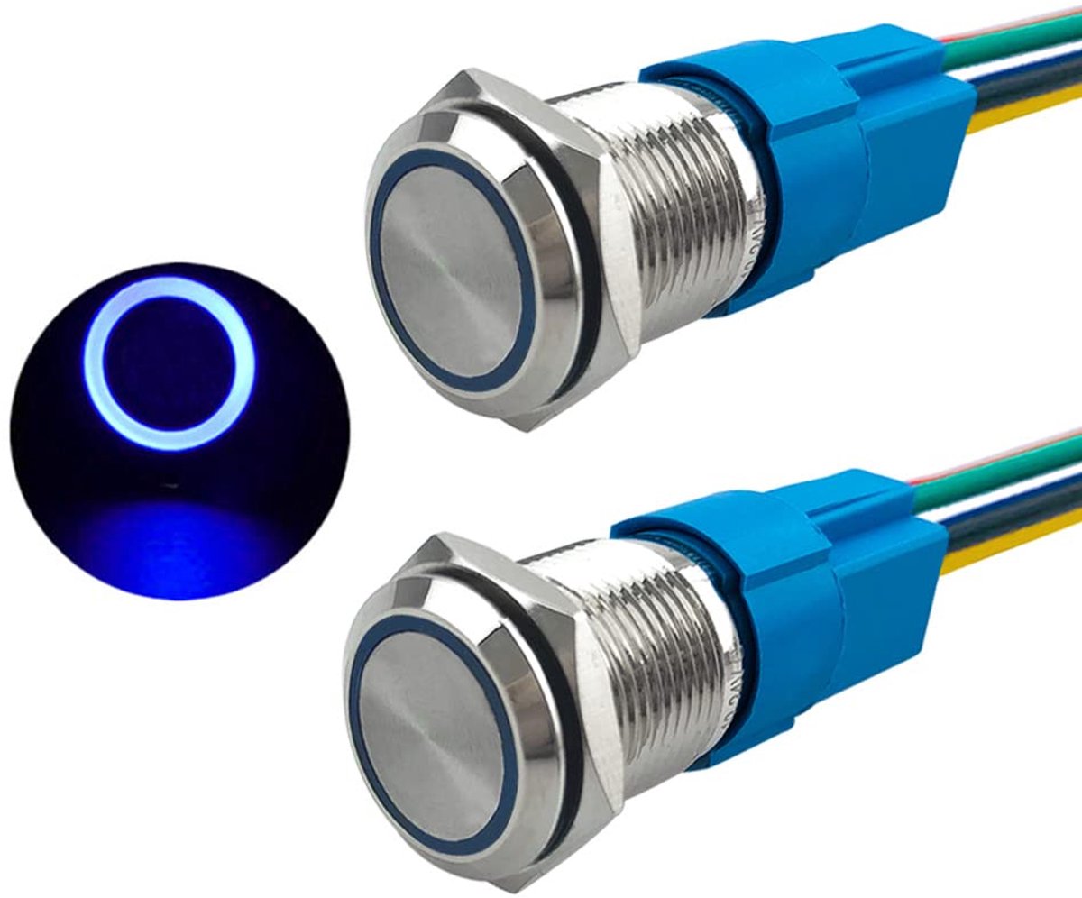 drukknopschakelaar, 2 stuks, 16 mm, 12 V/24 V, 5 A, contactschakelaar voor auto, drukschakelaar van metaal met voorbekabeld stopcontact (blauwe led)