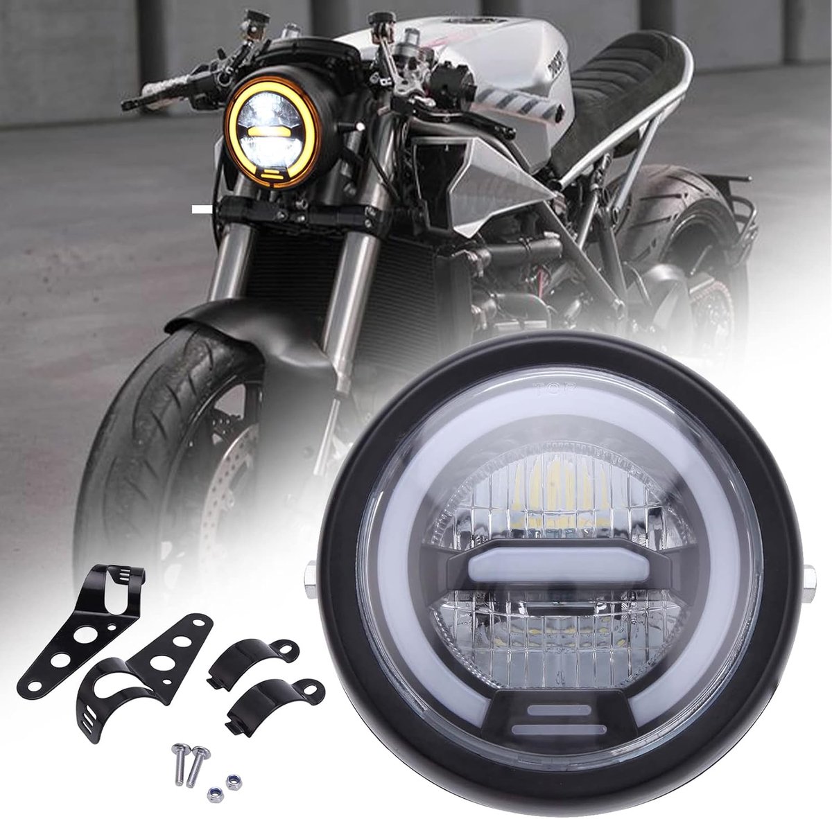 Led-koplamp van 16,5 cm (6,5 inch) met houder voor motorfiets, universele lamp voor dagrijlicht, halo, DRL, geel licht, 12 V, voor Bobber Chopper Cafe Racer, Retro