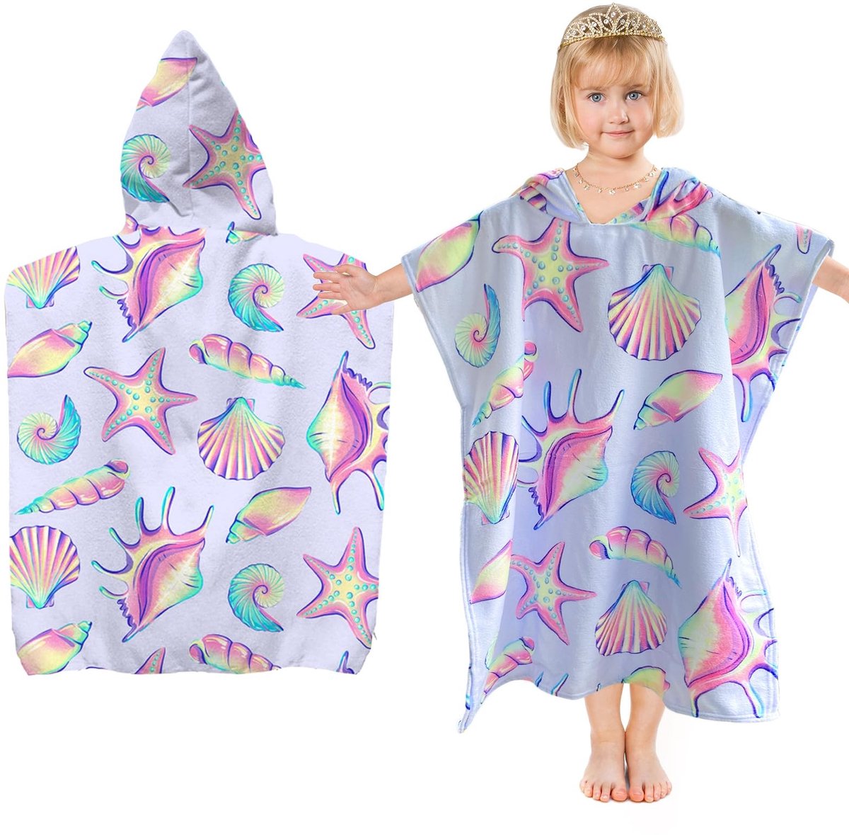 Omgoods - Kinder Poncho Badhanddoek - Microvezel Poncho voor Meisjes en Jongens (Schelpjes)