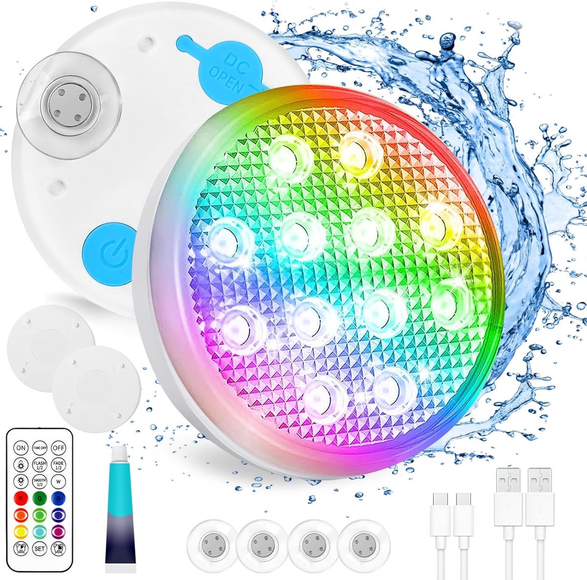 Oplaadbare onderwaterzwembadlamp - IP68 waterdichte led met afstandsbediening, 16-kleurwisselende, magnetische hot tub-verlichting, USB-oplaadbaar voor zwembad/spa-/feestdecoratie (2 stuks)